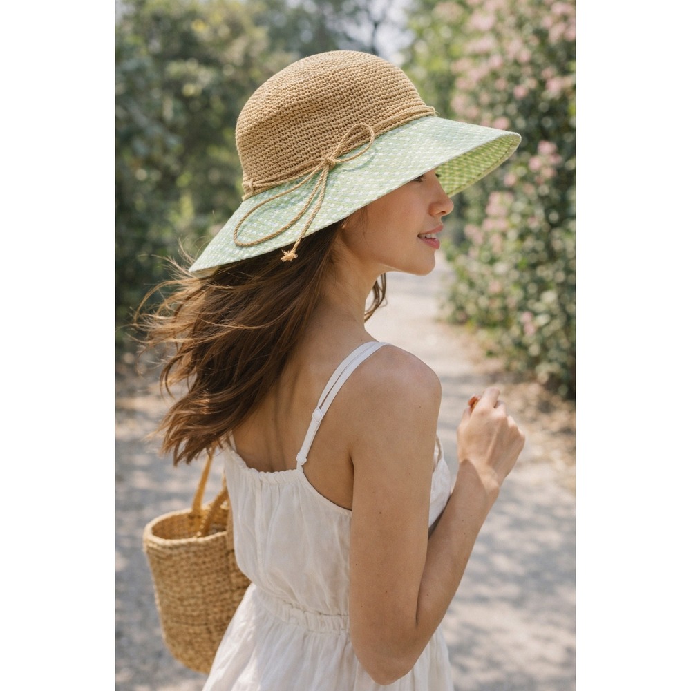 Helen Kaminski Raffia Straw Sun Hat Bucket Beach Summer Green‎ Plaid Brim